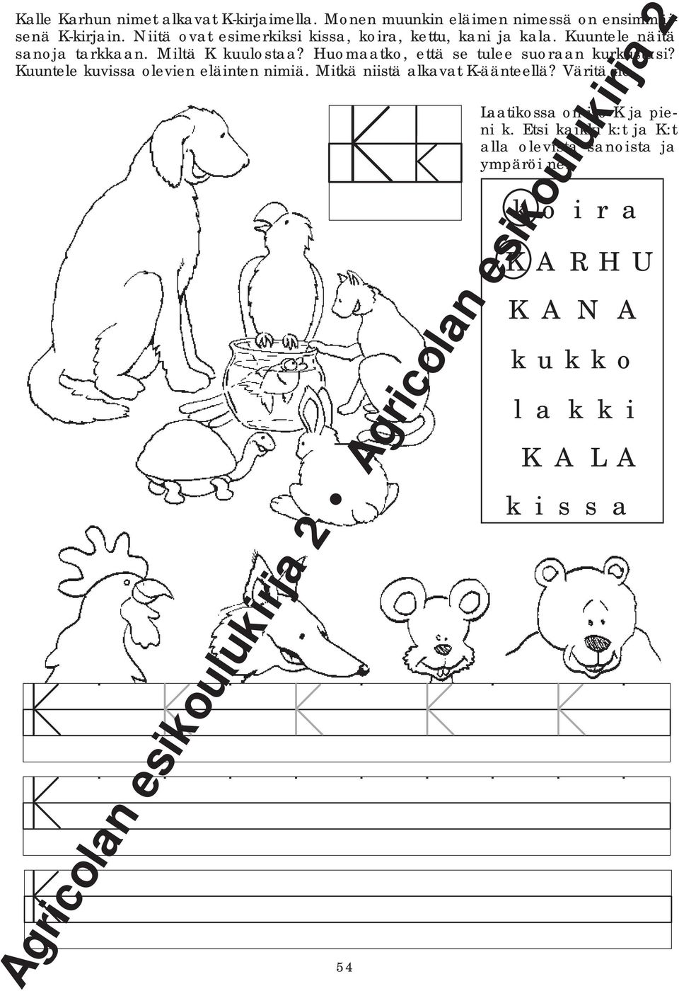 Huomaatko, että se tulee suoraan kurkustasi? Kuuntele kuvissa olevien eläinten nimiä. Mitkä niistä alkavat K-äänteellä?