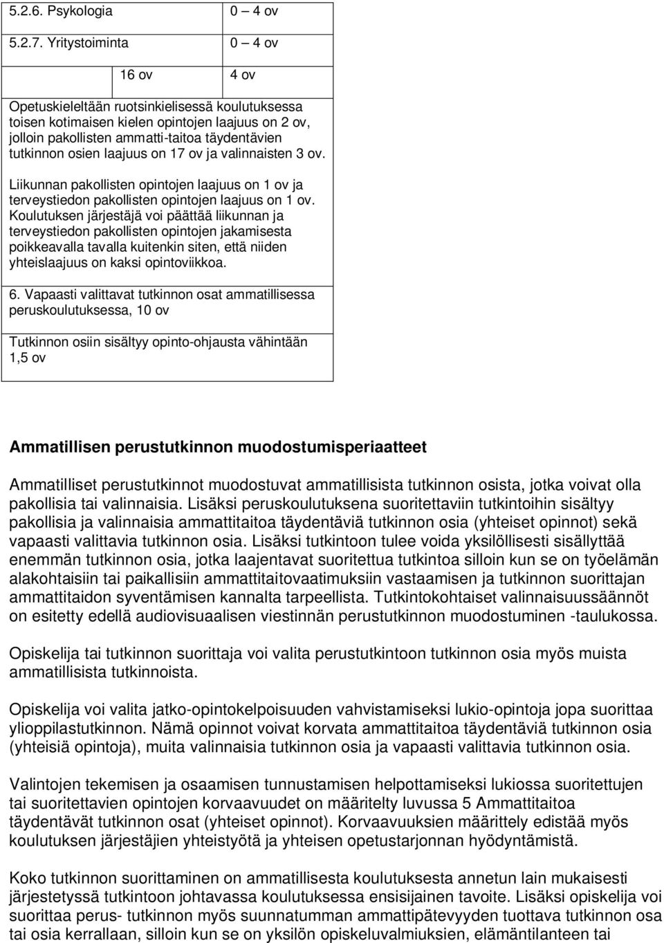 laajuus on 17 ov ja valinnaisten 3 ov. Liikunnan pakollisten opintojen laajuus on 1 ov ja terveystiedon pakollisten opintojen laajuus on 1 ov.