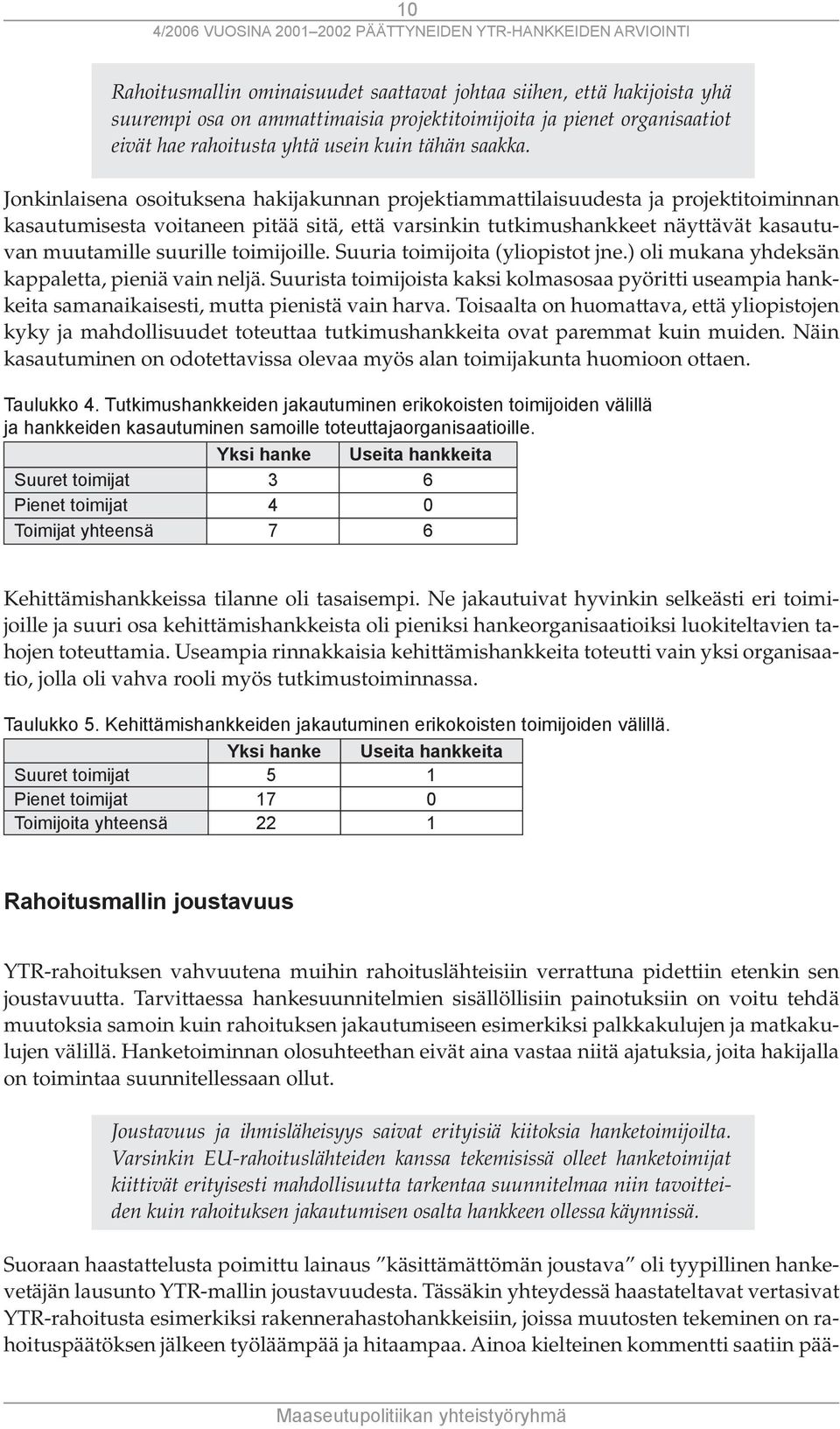 toimijoille. Suuria toimijoita (yliopistot jne.) oli mukana yhdeksän kappaletta, pieniä vain neljä.