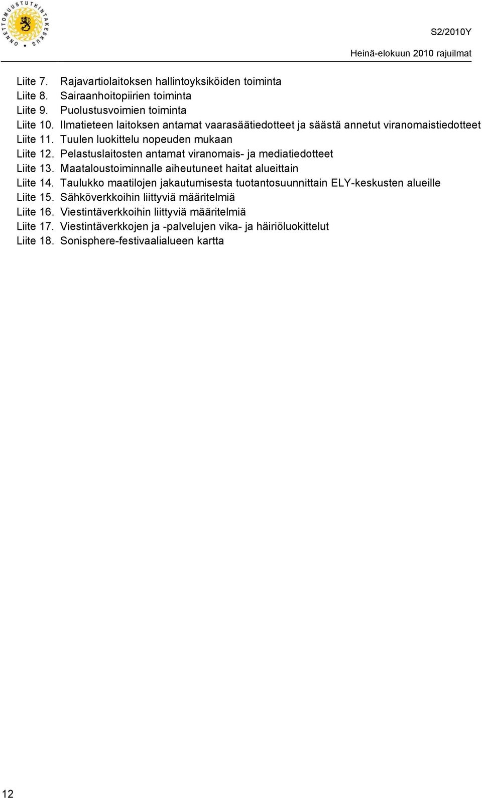 Pelastuslaitosten antamat viranomais- ja mediatiedotteet Liite 13. Maataloustoiminnalle aiheutuneet haitat alueittain Liite 14.