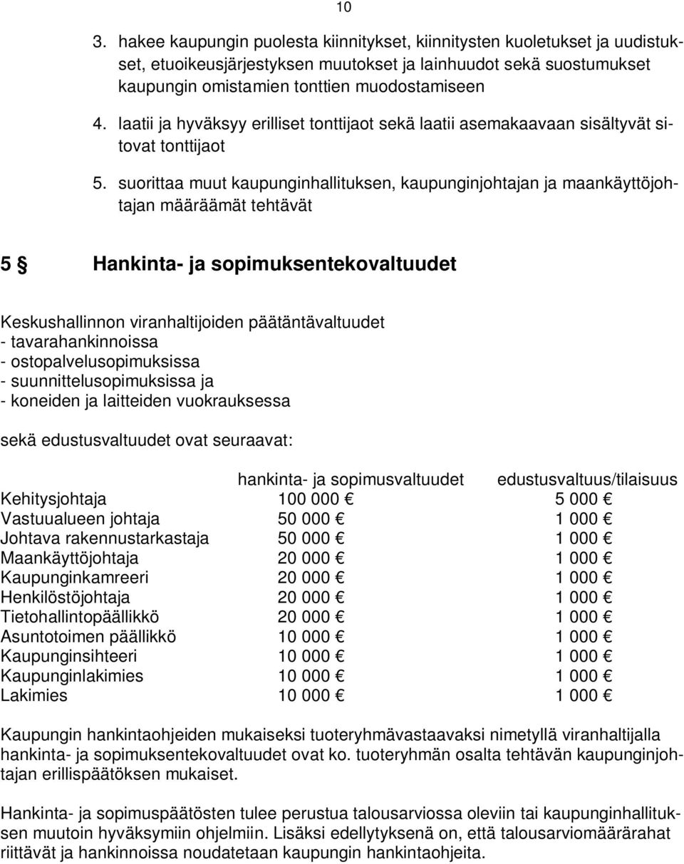 suorittaa muut kaupunginhallituksen, kaupunginjohtajan ja maankäyttöjohtajan määräämät tehtävät 5 Hankinta- ja sopimuksentekovaltuudet Keskushallinnon viranhaltijoiden päätäntävaltuudet -