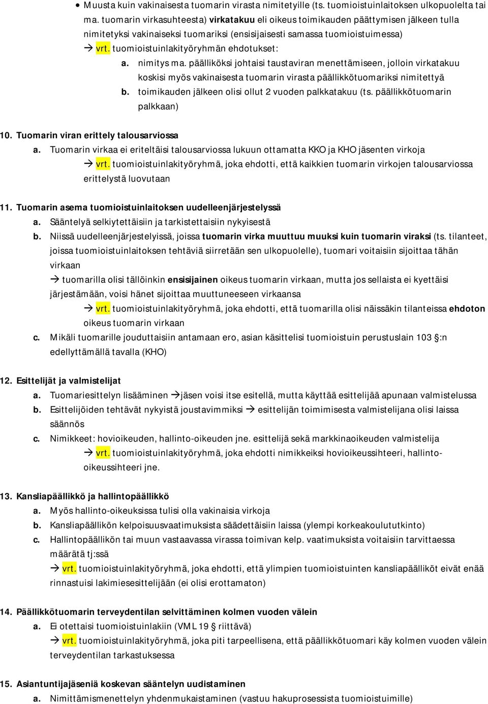 tuomioistuinlakityöryhmän ehdotukset: a. nimitys ma. päälliköksi johtaisi taustaviran menettämiseen, jolloin virkatakuu koskisi myös vakinaisesta tuomarin virasta päällikkötuomariksi nimitettyä b.