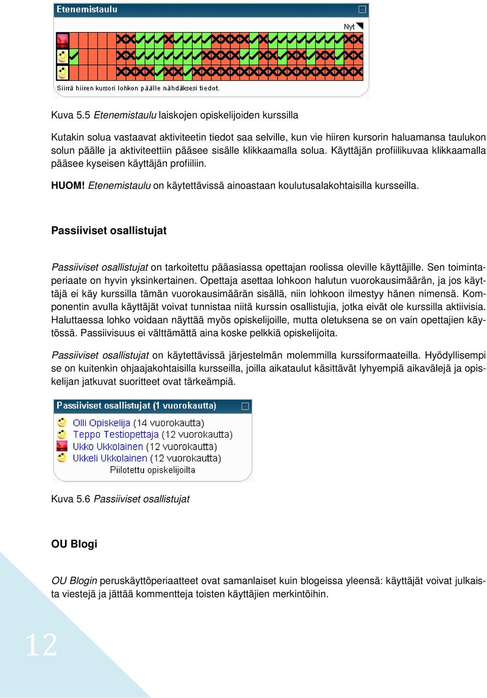 klikkaamalla solua. Käyttäjän profiilikuvaa klikkaamalla pääsee kyseisen käyttäjän profiiliin. HUOM! Etenemistaulu on käytettävissä ainoastaan koulutusalakohtaisilla kursseilla.