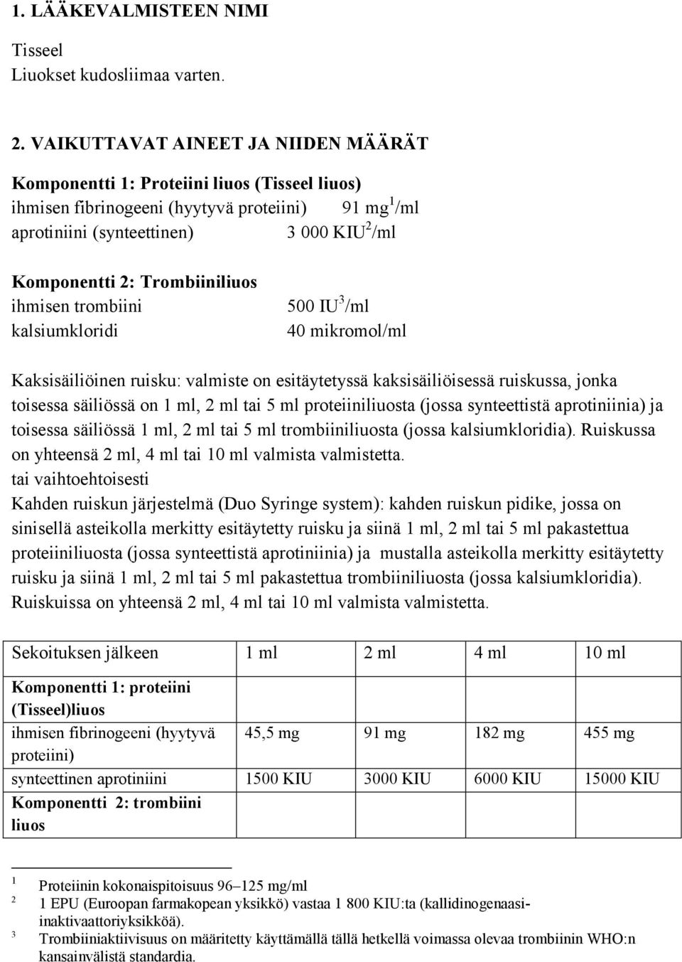 Trombiiniliuos ihmisen trombiini kalsiumkloridi 500 IU 3 /ml 40 mikromol/ml Kaksisäiliöinen ruisku: valmiste on esitäytetyssä kaksisäiliöisessä ruiskussa, jonka toisessa säiliössä on 1 ml, 2 ml tai 5