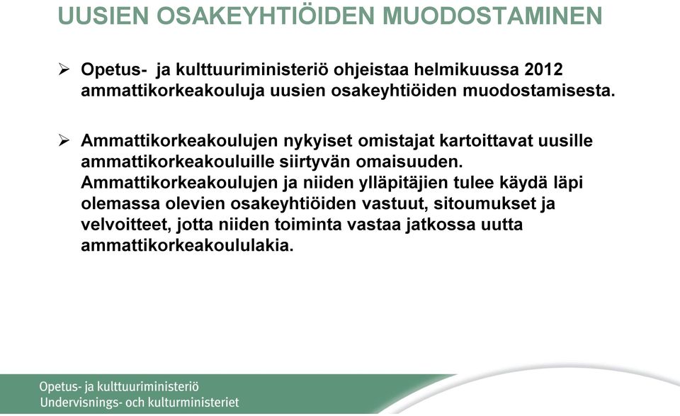 Ammattikorkeakoulujen nykyiset omistajat kartoittavat uusille ammattikorkeakouluille siirtyvän omaisuuden.