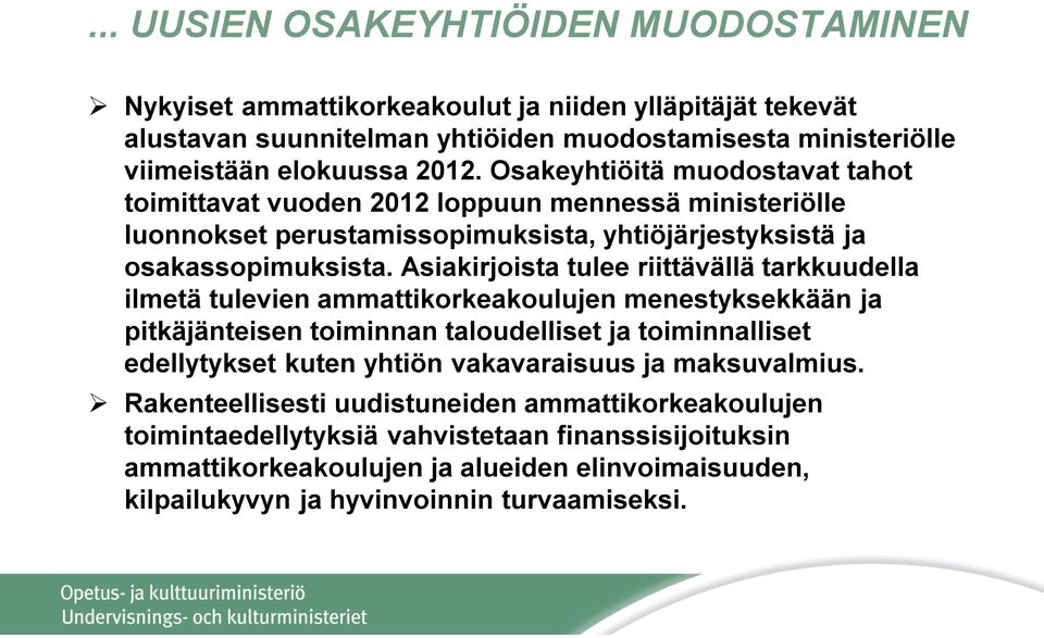 Asiakirjoista tulee riittävällä tarkkuudella ilmetä tulevien ammattikorkeakoulujen menestyksekkään ja pitkäjänteisen toiminnan taloudelliset ja toiminnalliset edellytykset kuten yhtiön