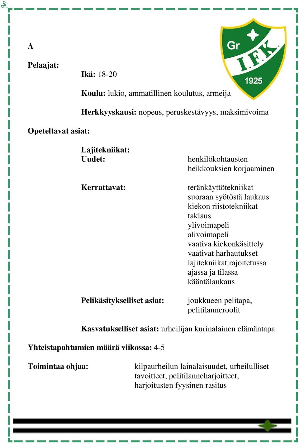 harhautukset lajitekniikat rajoitetussa ajassa ja tilassa kääntölaukaus joukkueen pelitapa, pelitilanneroolit urheilijan kurinalainen elämäntapa