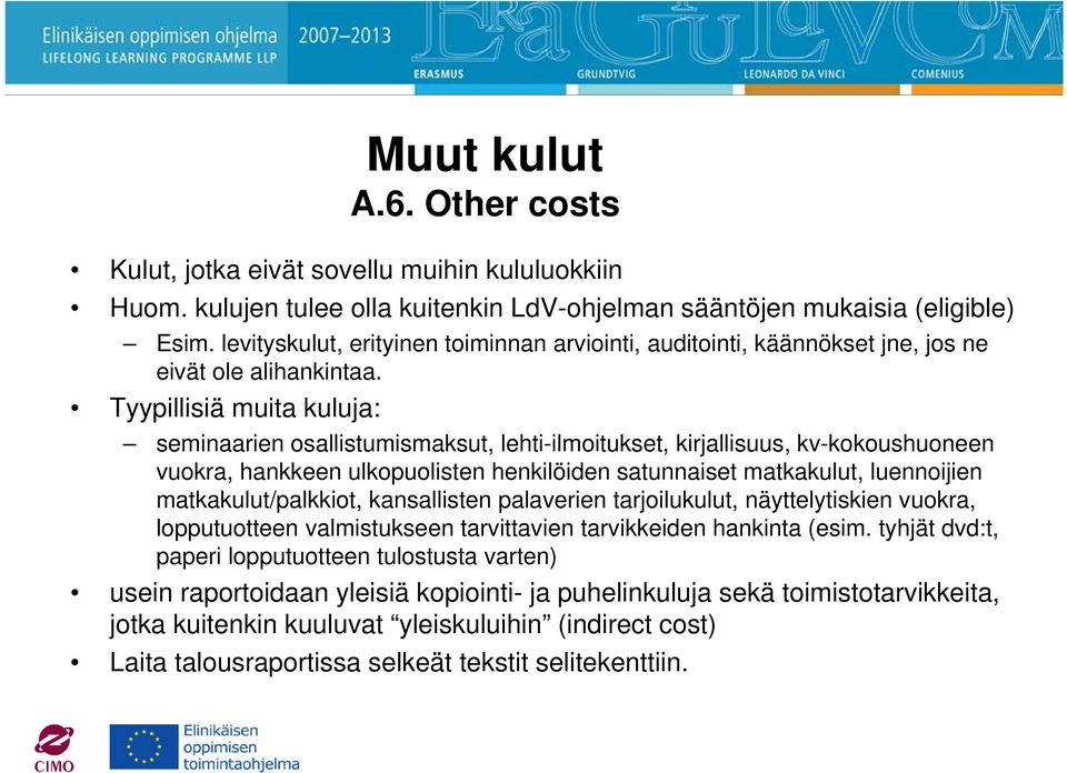 Tyypillisiä muita kuluja: seminaarien osallistumismaksut, lehti-ilmoitukset, kirjallisuus, kv-kokoushuoneen vuokra, hankkeen ulkopuolisten henkilöiden satunnaiset matkakulut, luennoijien