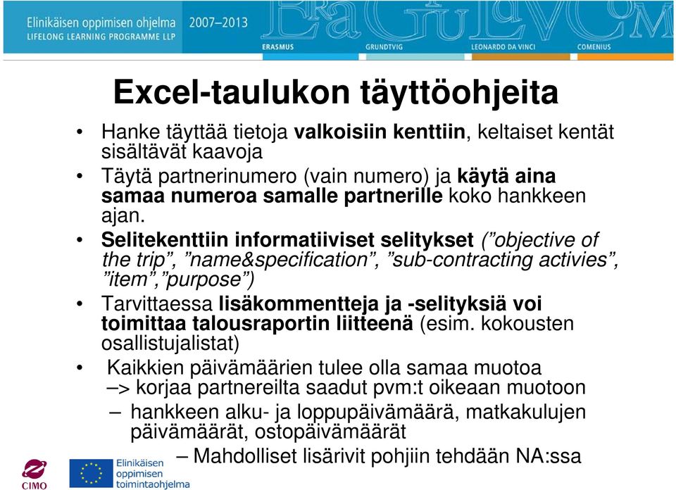 Selitekenttiin informatiiviset selitykset ( objective of the trip, name&specification, sub-contracting activies, item, purpose ) Tarvittaessa lisäkommentteja ja