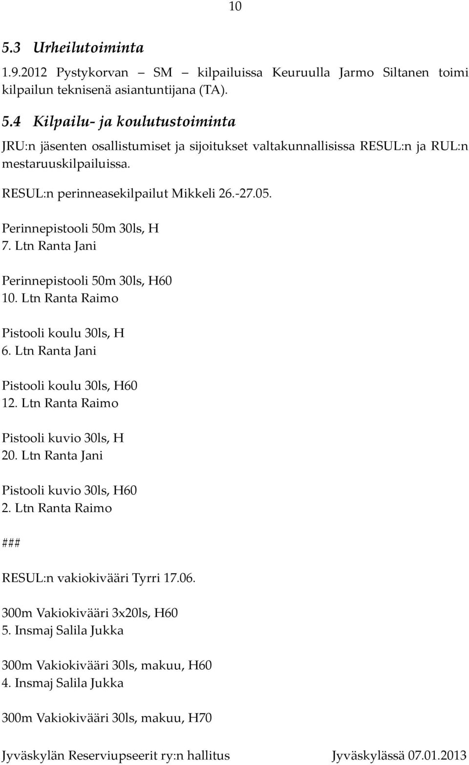 Ltn Ranta Jani Pistooli koulu 30ls, H60 12. Ltn Ranta Raimo Pistooli kuvio 30ls, H 20. Ltn Ranta Jani Pistooli kuvio 30ls, H60 2. Ltn Ranta Raimo ### RESUL:n vakiokivääri Tyrri 17.06.