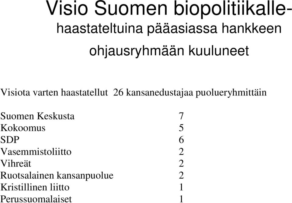 puolueryhmittäin Suomen Keskusta 7 Kokoomus 5 SDP 6 Vasemmistoliitto 2