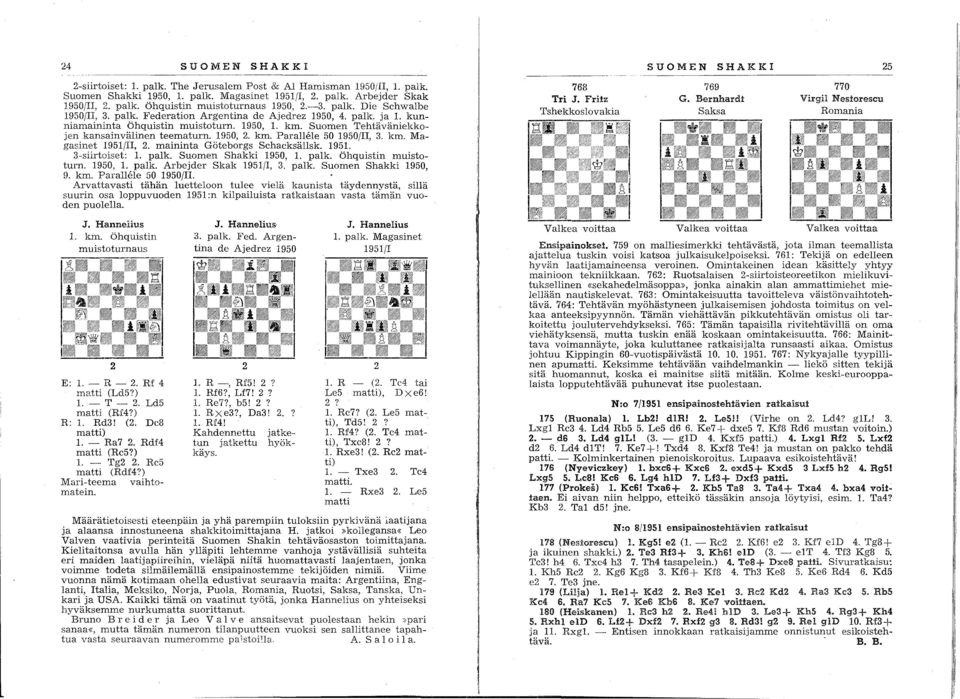 km. Magasinet 1951/,. maininta Göteborgs Schacksällsk. 1951. 3-siirtoiset: 1. palk. Suomen Shakki 1950, 1. palk. Öhquistin muistoturn. 1950, 1. palk. Arbejder Skak 1951/, 3. palk. Suomen Shakki 1950, 9.