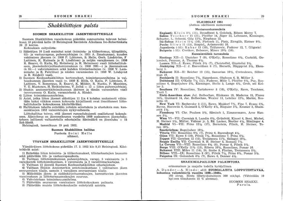lmakunnas), kuuden vakinaisen jäsenen (v. 1950 P. Lihtonen, S. Helle, Gerh. Lindström, F Laitinen, K. Kulmala ja E. Lindblom) ja neljän varajäsenen (v. 1950 R. Enarvi, O. Kaila, Hj. Holmberg ja H.
