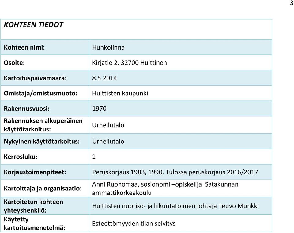 Urheilutalo Urheilutalo Korjaustoimenpiteet: Peruskorjaus 1983, 1990.