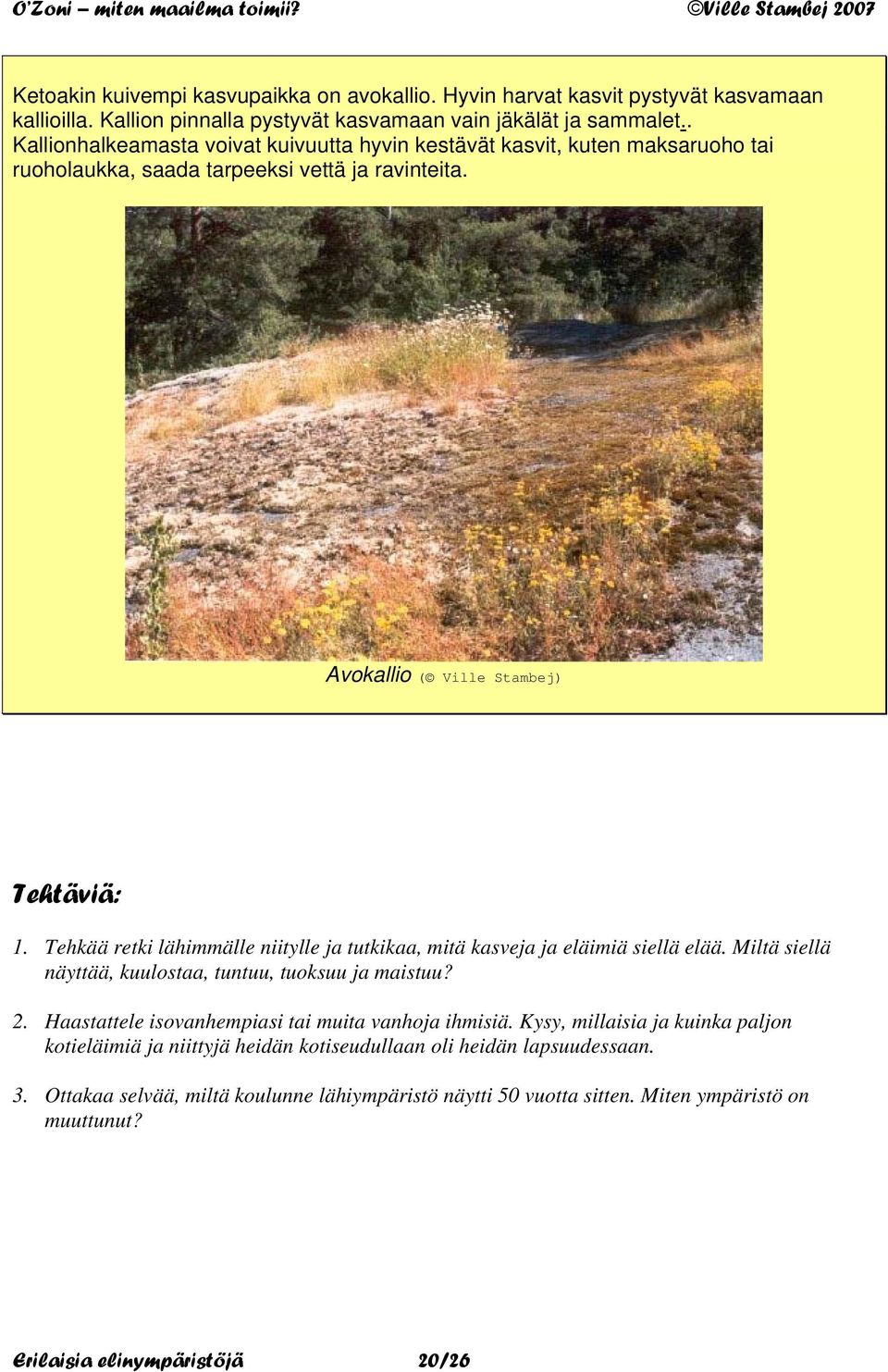Tehkää retki lähimmälle niitylle ja tutkikaa, mitä kasveja ja eläimiä siellä elää. Miltä siellä näyttää, kuulostaa, tuntuu, tuoksuu ja maistuu? 2.