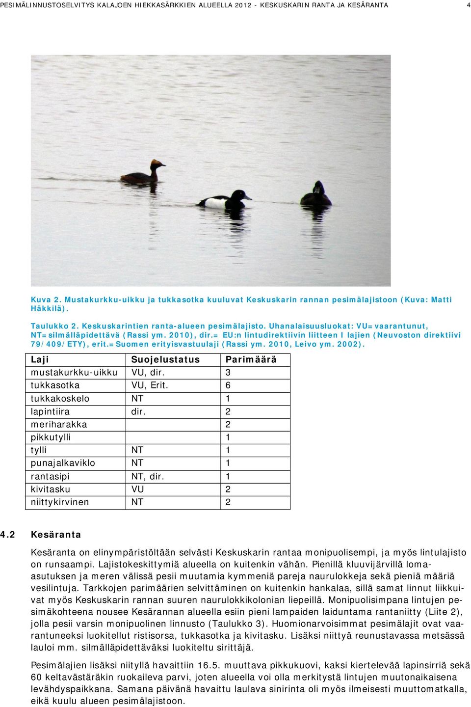 Uhanalaisuusluokat: VU=vaarantunut, NT=silmälläpidettävä (Rassi ym. 2010), dir.= EU:n lintudirektiivin liitteen I lajien (Neuvoston direktiivi 79/409/ETY), erit.=suomen erityisvastuulaji (Rassi ym.