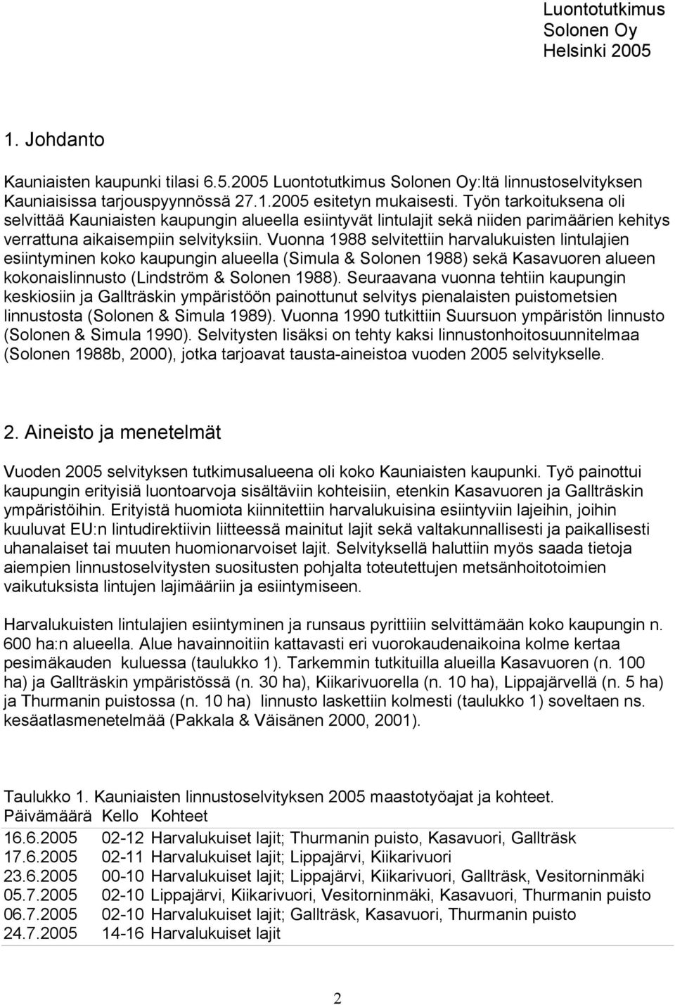 Vuonna 1988 selvitettiin harvalukuisten lintulajien esiintyminen koko kaupungin alueella (Simula & Solonen 1988) sekä Kasavuoren alueen kokonaislinnusto (Lindström & Solonen 1988).