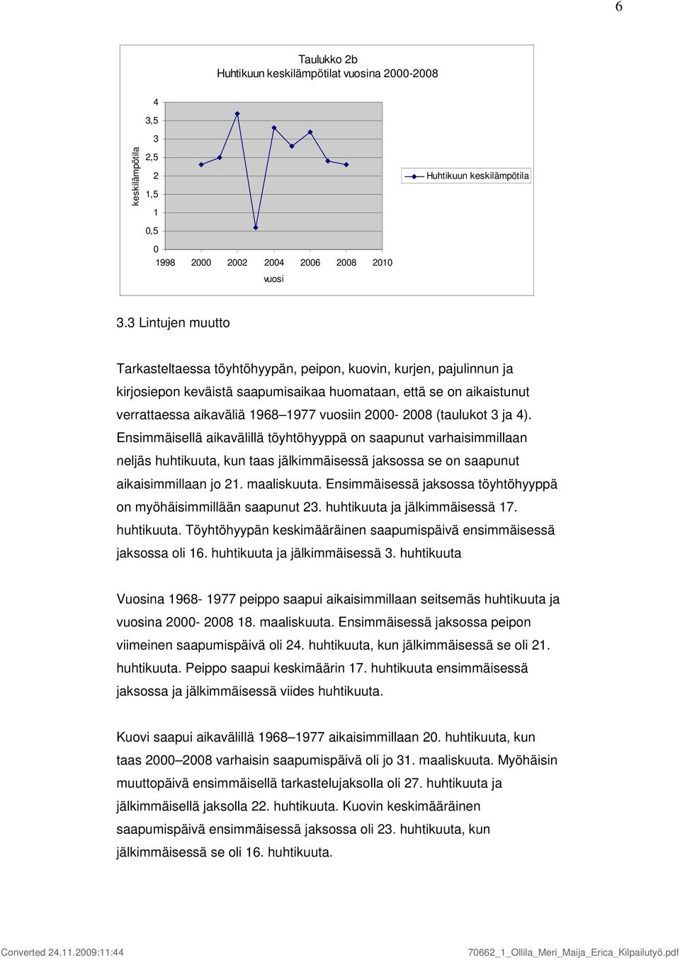 (taulukot 3 ja 4). Ensimmäisellä aikavälillä töyhtöhyyppä on saapunut varhaisimmillaan neljäs huhtikuuta, kun taas jälkimmäisessä jaksossa se on saapunut aikaisimmillaan jo 2. maaliskuuta.