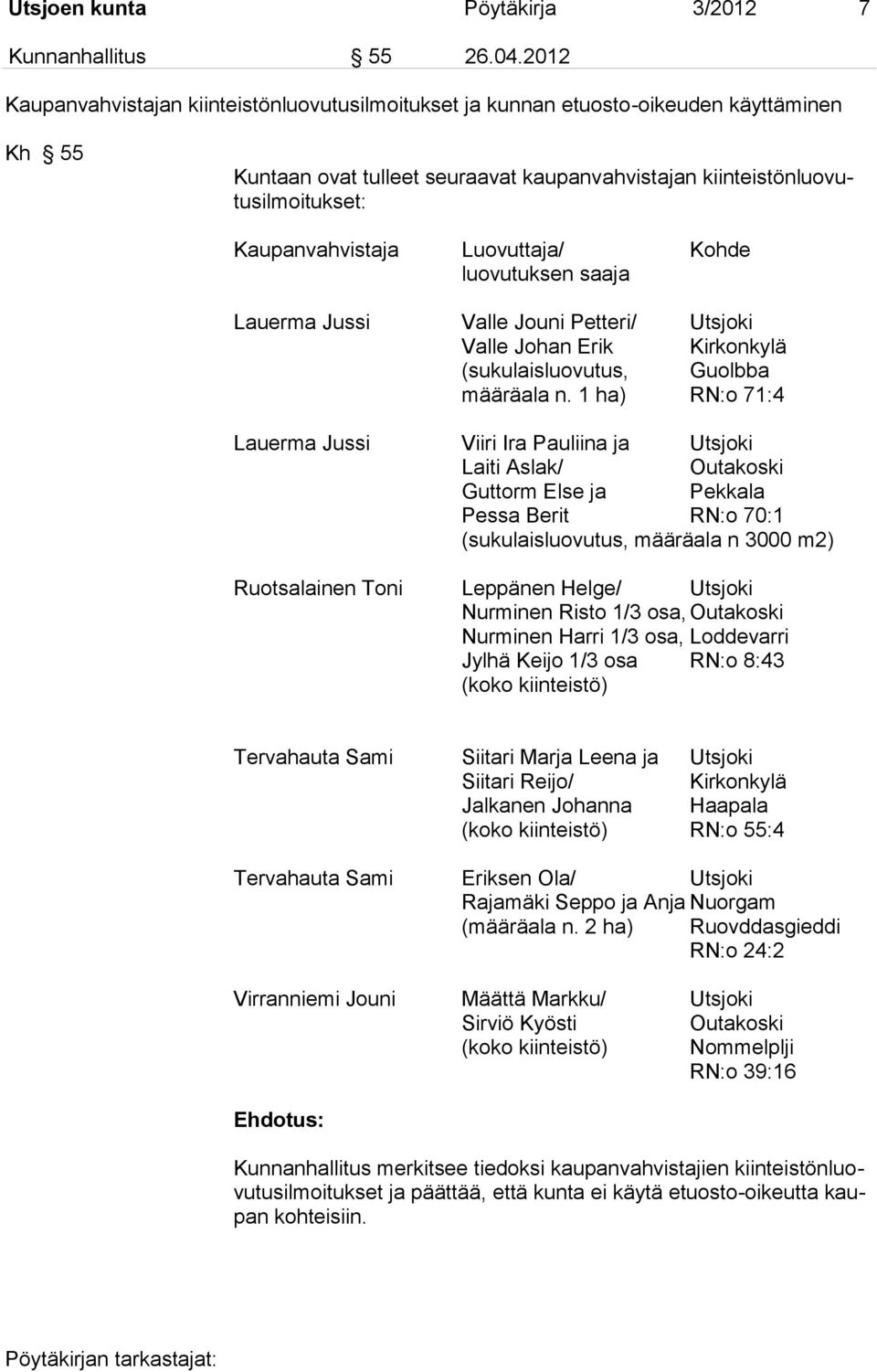 Luovuttaja/ Kohde luovutuksen saaja Lauerma Jussi Valle Jouni Petteri/ Utsjoki Valle Johan Erik Kirkonkylä (sukulaisluovutus, Guolbba määräala n.