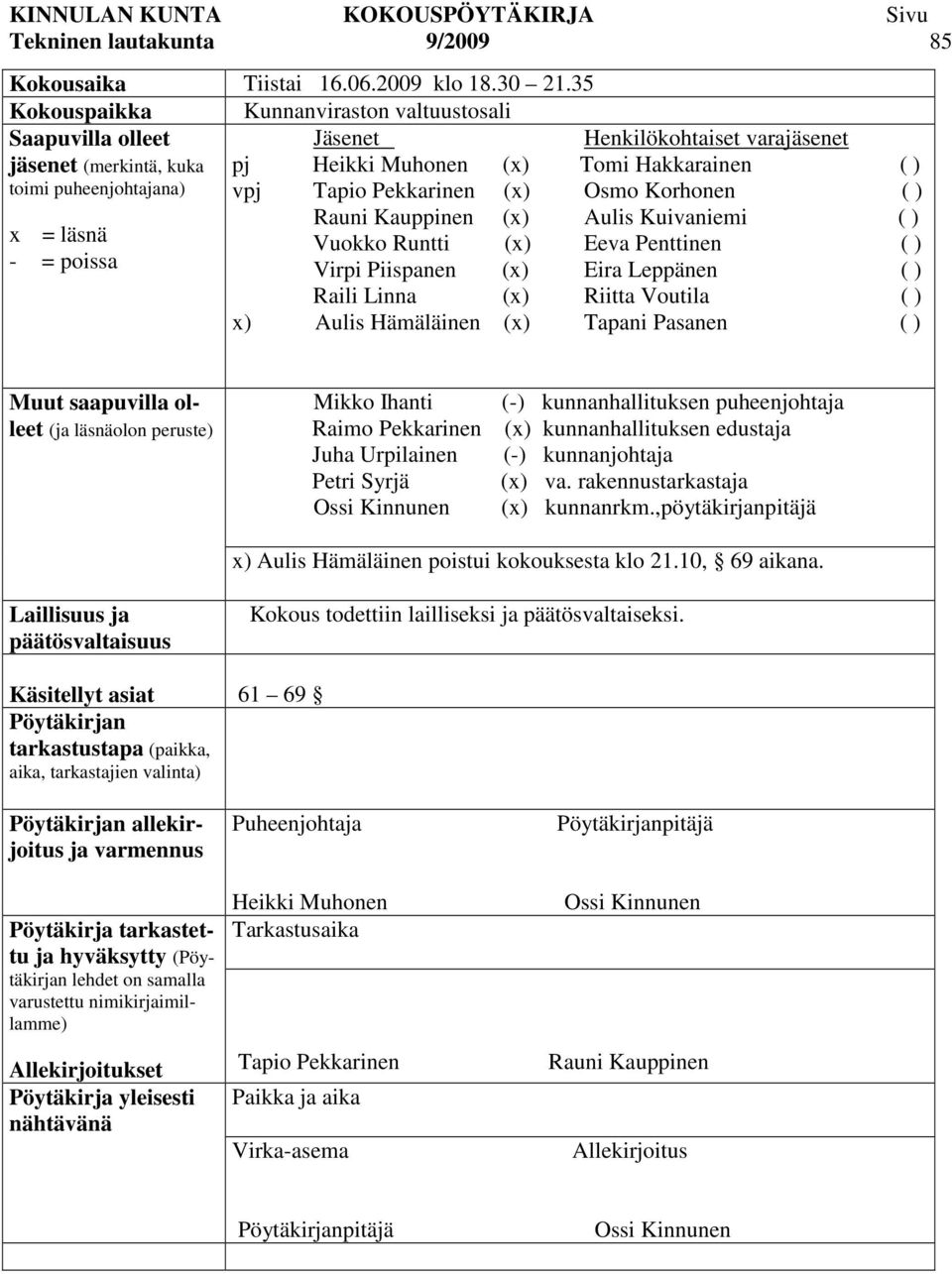 Hakkarainen ( ) vpj Tapio Pekkarinen (x) Osmo Korhonen ( ) Rauni Kauppinen (x) Aulis Kuivaniemi ( ) Vuokko Runtti (x) Eeva Penttinen ( ) Virpi Piispanen (x) Eira Leppänen ( ) Raili Linna (x) Riitta