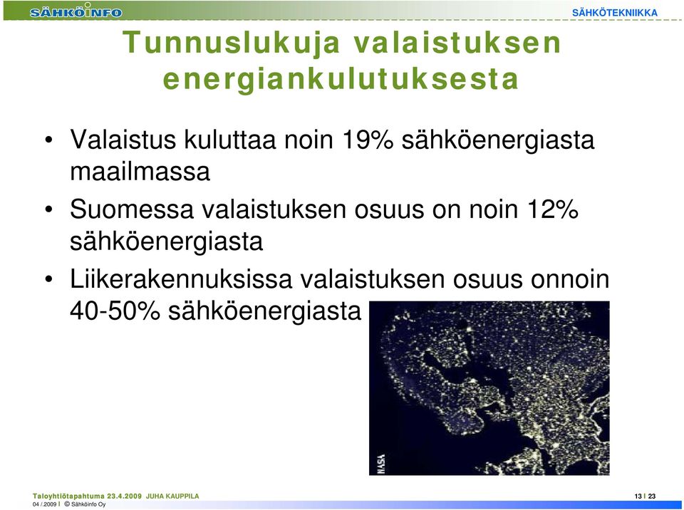 on noin 12% sähköenergiasta Liikerakennuksissa valaistuksen osuus onnoin