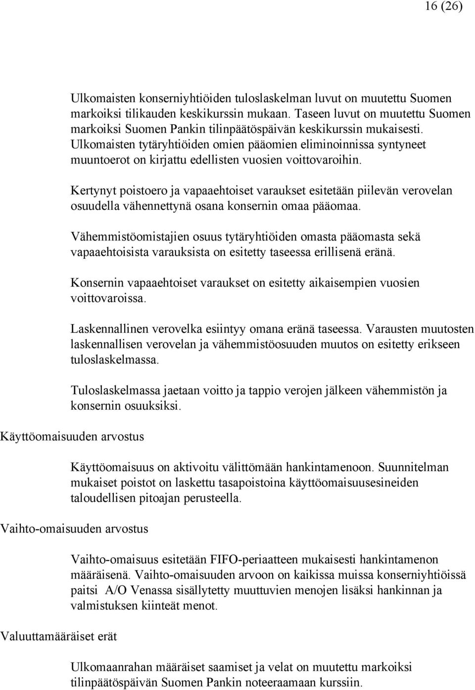 Ulkomaisten tytäryhtiöiden omien pääomien eliminoinnissa syntyneet muuntoerot on kirjattu edellisten vuosien voittovaroihin.