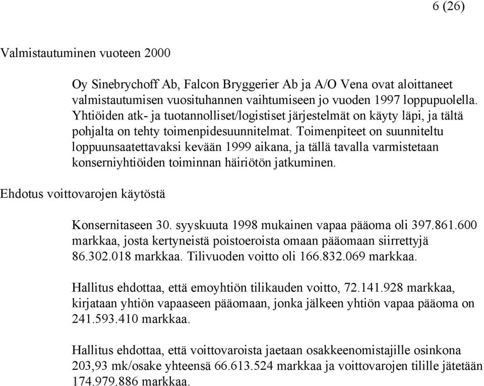 Toimenpiteet on suunniteltu loppuunsaatettavaksi kevään 1999 aikana, ja tällä tavalla varmistetaan konserniyhtiöiden toiminnan häiriötön jatkuminen. Ehdotus voittovarojen käytöstä taseen 30.