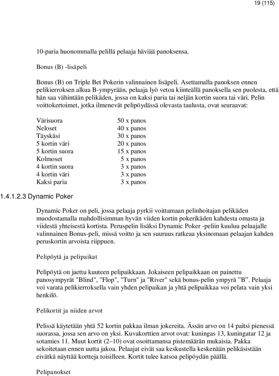 väri. Pelin voittokertoimet, jotka ilmenevät pelipöydässä olevasta taulusta, ovat seuraavat: Värisuora 50 x panos Neloset 40 x panos Täyskäsi 30 x panos 5 kortin väri 20 x panos 5 kortin suora 15 x