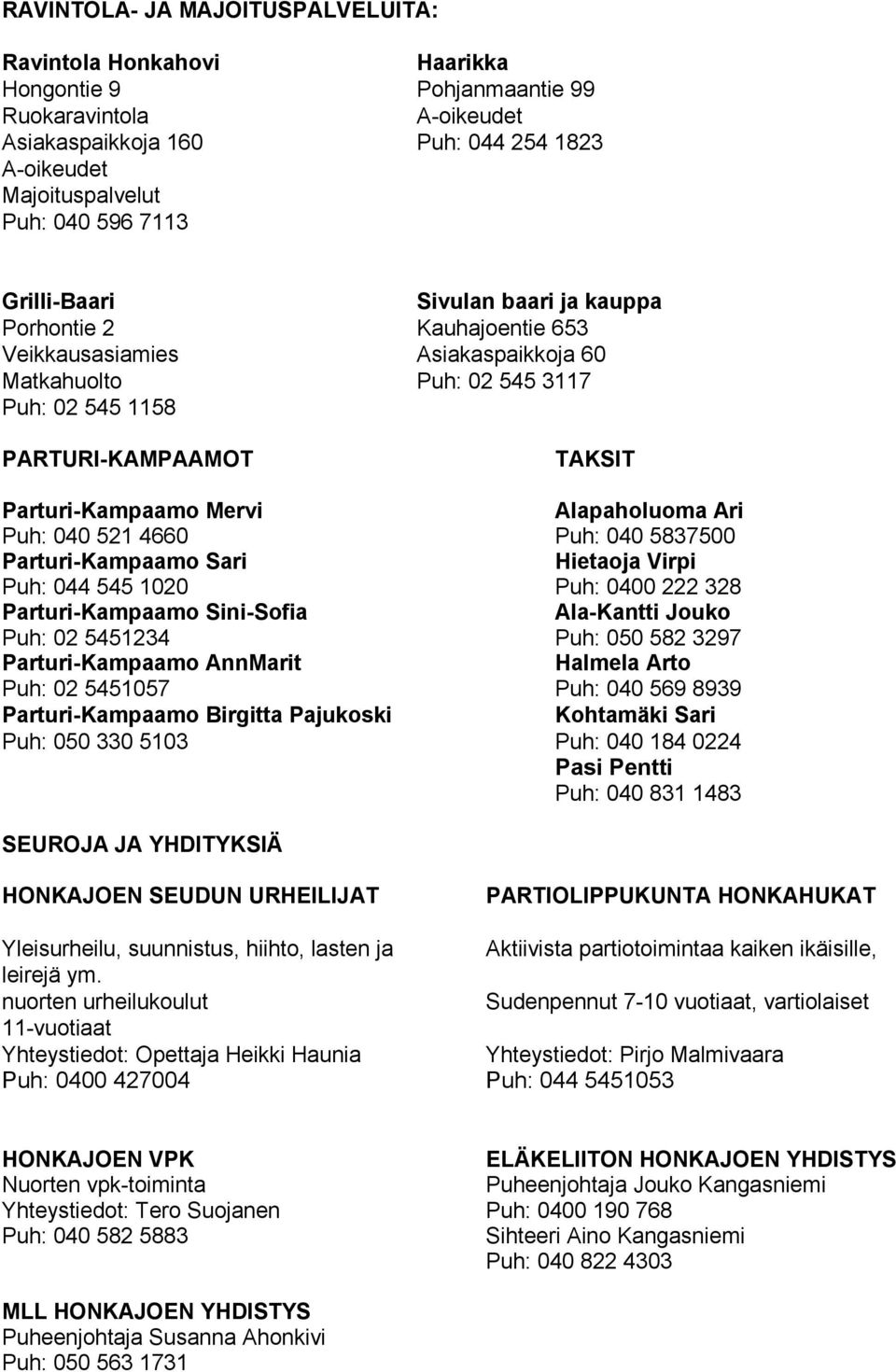 Mervi Alapaholuoma Ari Puh: 040 521 4660 Puh: 040 5837500 Parturi-Kampaamo Sari Hietaoja Virpi Puh: 044 545 1020 Puh: 0400 222 328 Parturi-Kampaamo Sini-Sofia Ala-Kantti Jouko Puh: 02 5451234 Puh: