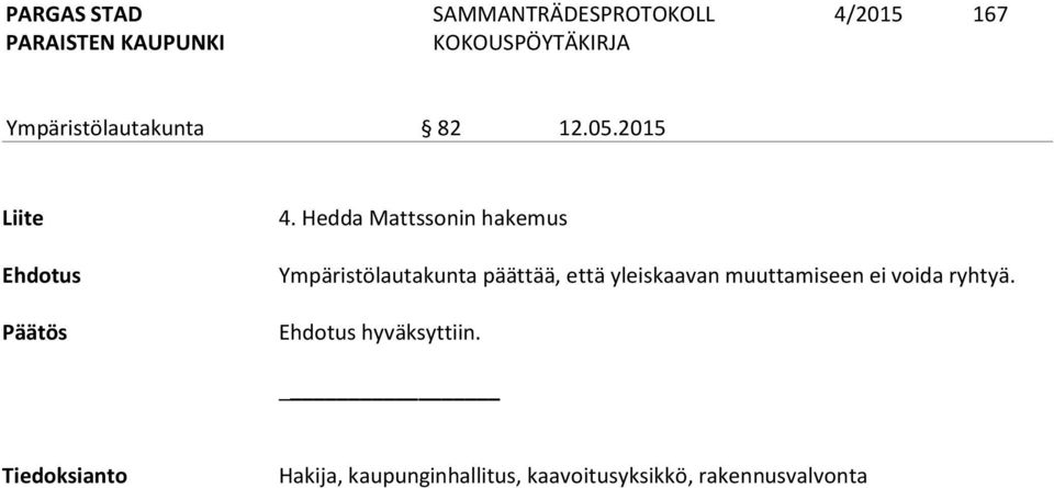 Hedda Mattssonin hakemus Ympäristölautakunta päättää, että