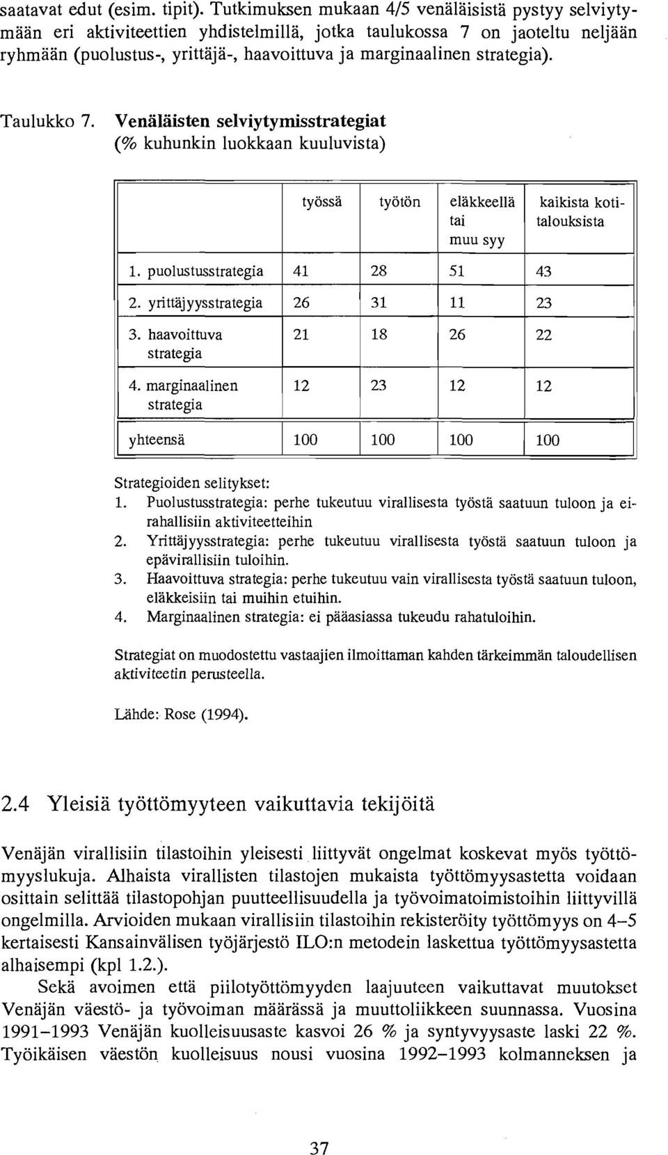 strategia). Taulukko 7. Venaliiisten selviytymisstrategiat (% kuhunkin luokkaan kuuluvista) tyossa tyoton kaikista koti- talouksista ellikkeelhi tai muu syy 1. puolustusstrategia 41 28 2.