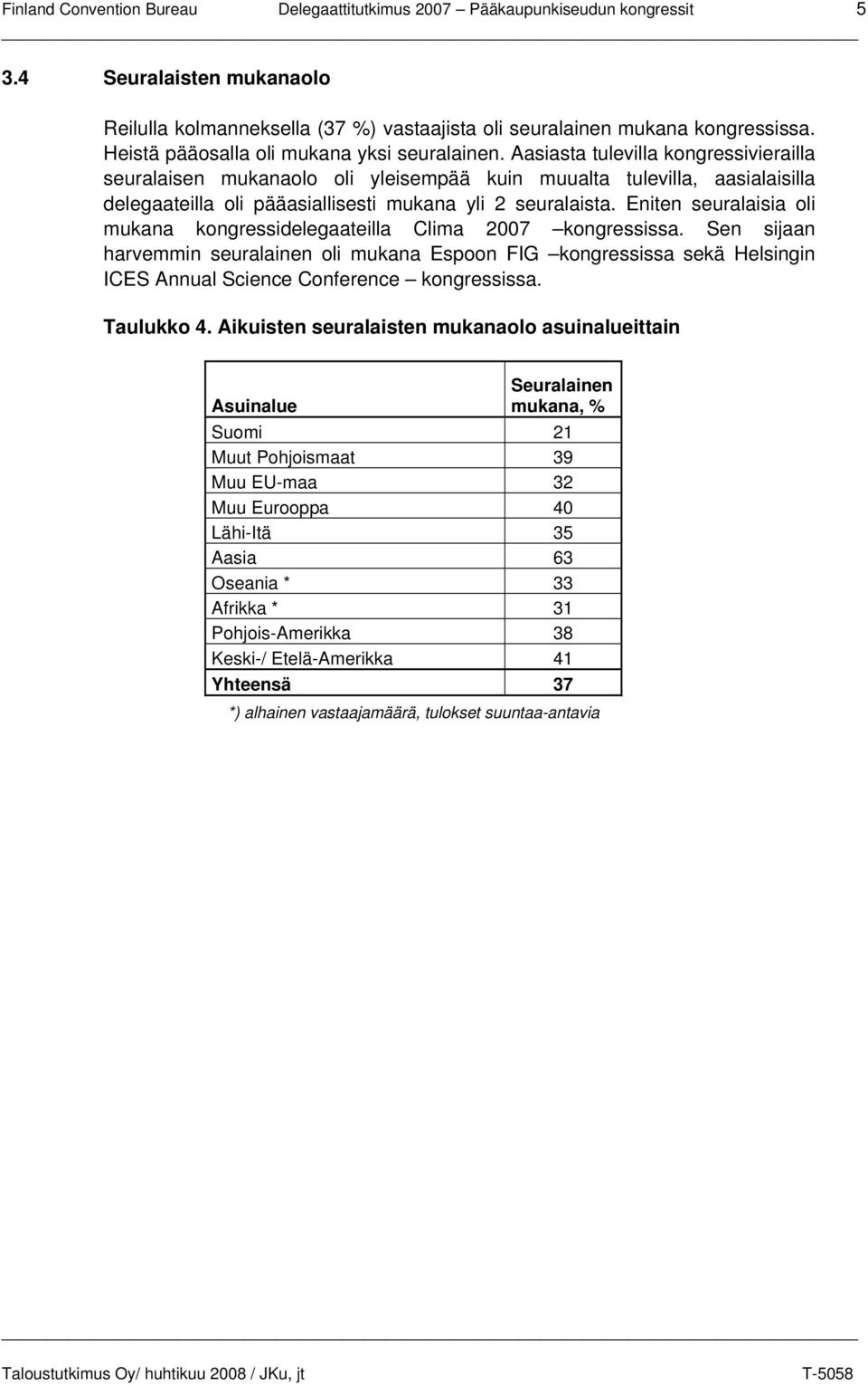 Aasiasta tulevilla kongressivierailla seuralaisen mukanaolo oli yleisempää kuin muualta tulevilla, aasialaisilla delegaateilla oli pääasiallisesti mukana yli 2 seuralaista.