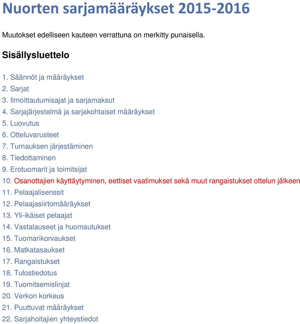 Erotuomarit ja toimitsijat 10. Osanottajien käyttäytyminen, eettiset vaatimukset sekä muut rangaistukset ottelun jälkeen 11. Pelaajalisenssit 12. Pelaajasiirtomääräykset 13.