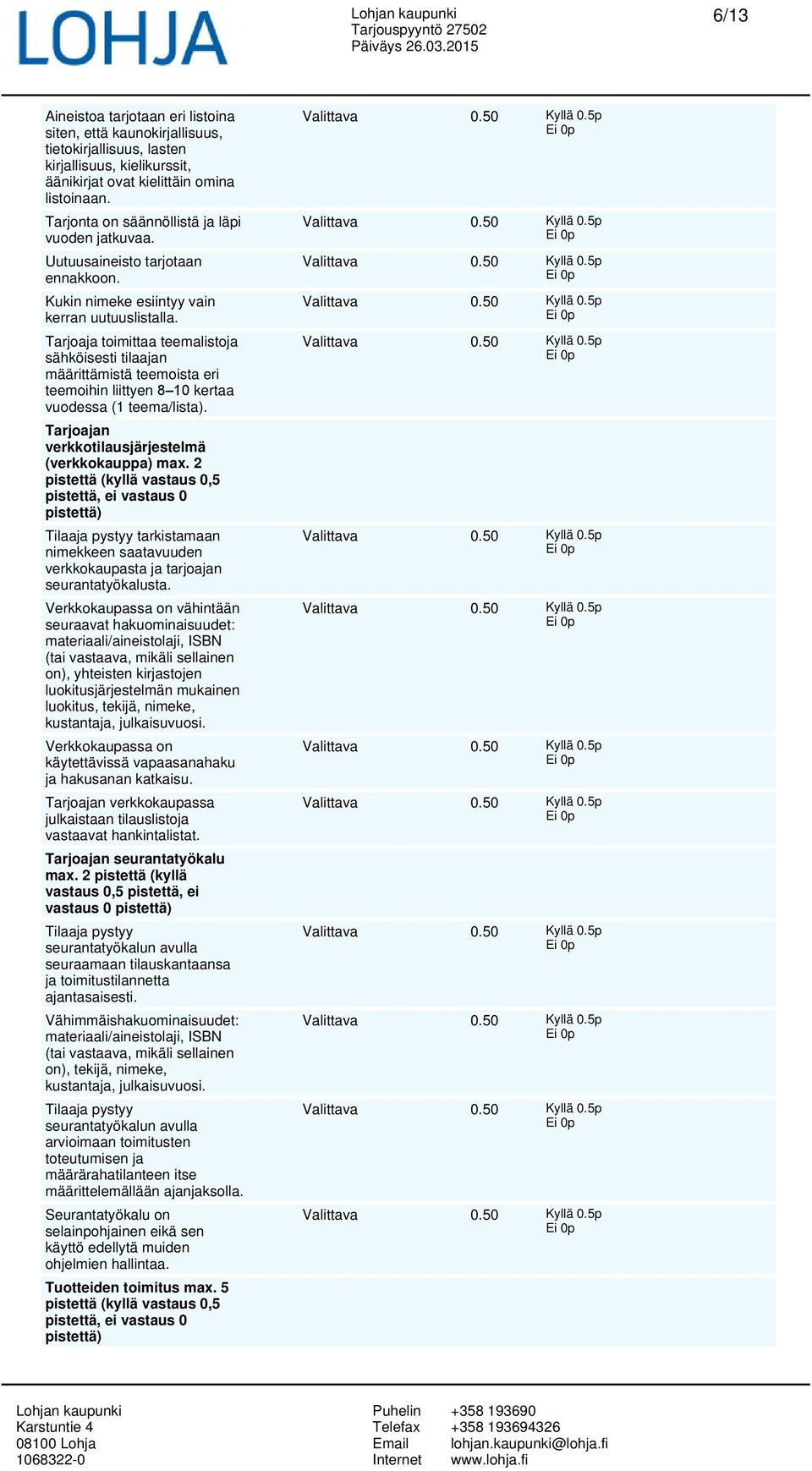 Tarjoaja toimittaa teemalistoja sähköisesti tilaajan määrittämistä teemoista eri teemoihin liittyen 8 10 kertaa vuodessa (1 teema/lista). Tarjoajan verkkotilausjärjestelmä (verkkokauppa) max.