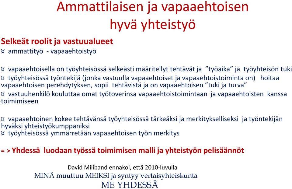 työtoverinsa vapaaehtoistoimintaan ja vapaaehtoisten kanssa toimimiseen vapaaehtoinen kokee tehtävänsä työyhteisössä tärkeäksi ja merkitykselliseksi ja työntekijän hyväksi yhteistyökumppaniksi