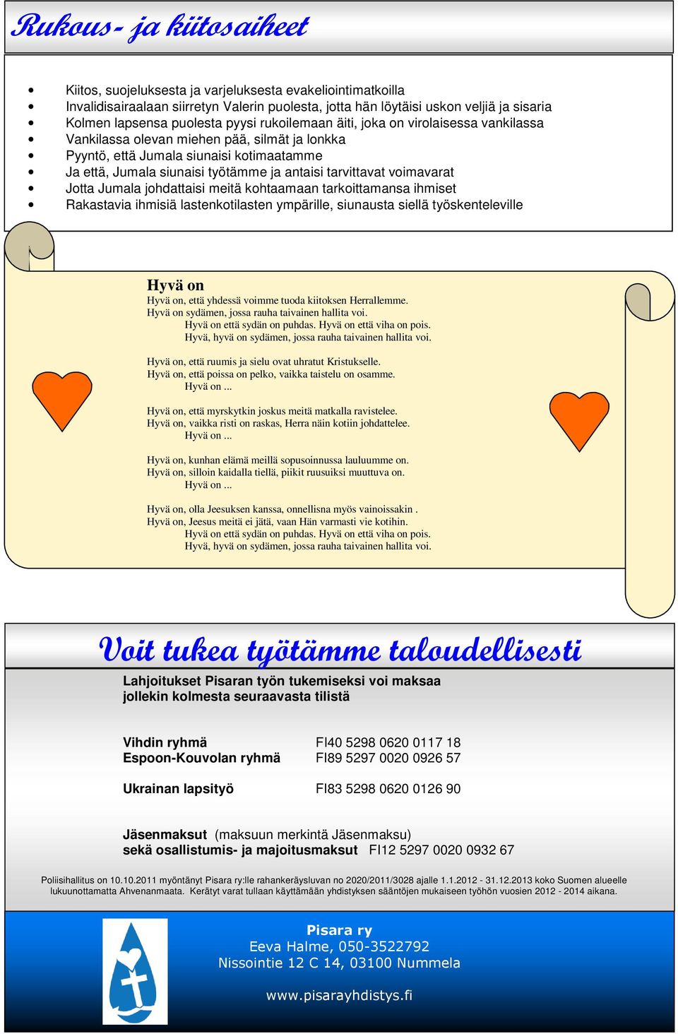 tarvittavat voimavarat Jotta Jumala johdattaisi meitä kohtaamaan tarkoittamansa ihmiset Rakastavia ihmisiä lastenkotilasten ympärille, siunausta siellä työskenteleville Hyvä on Hyvä on, että yhdessä