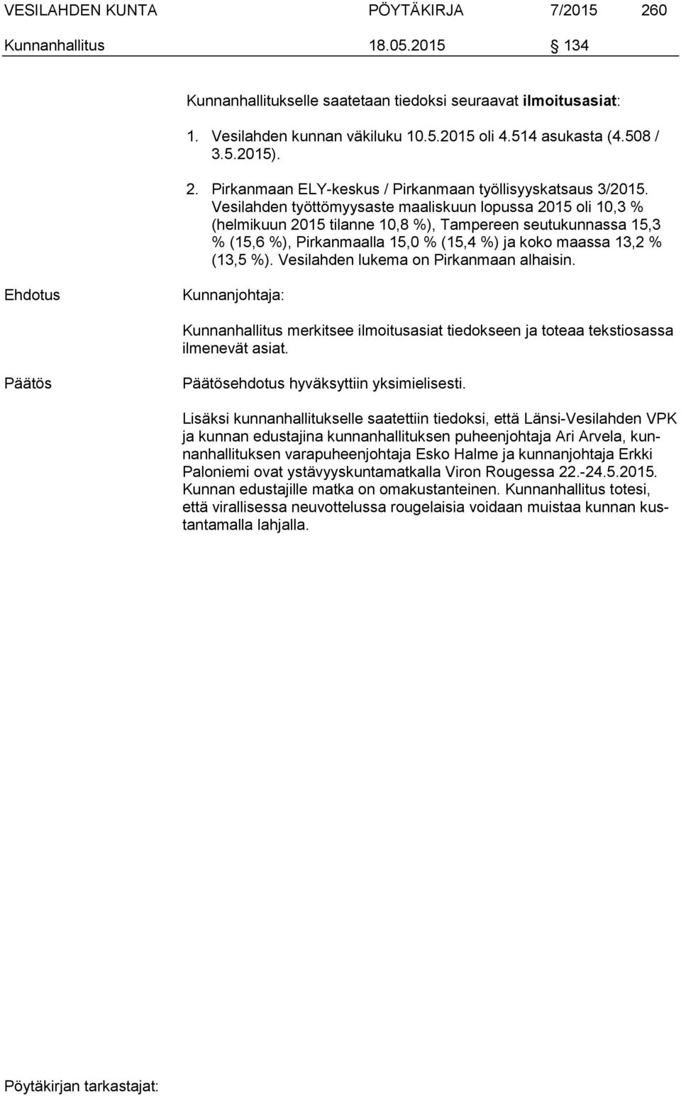 Vesilahden työttömyysaste maaliskuun lopussa 2015 oli 10,3 % (helmikuun 2015 tilanne 10,8 %), Tampereen seutukunnassa 15,3 % (15,6 %), Pirkanmaalla 15,0 % (15,4 %) ja koko maassa 13,2 % (13,5 %).