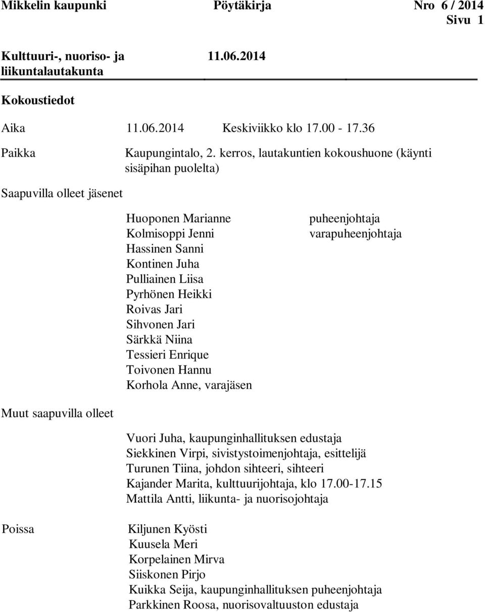 Sihvonen Jari Särkkä Niina Tessieri Enrique Toivonen Hannu Korhola Anne, varajäsen puheenjohtaja varapuheenjohtaja Muut saapuvilla olleet Vuori Juha, kaupunginhallituksen edustaja Siekkinen Virpi,