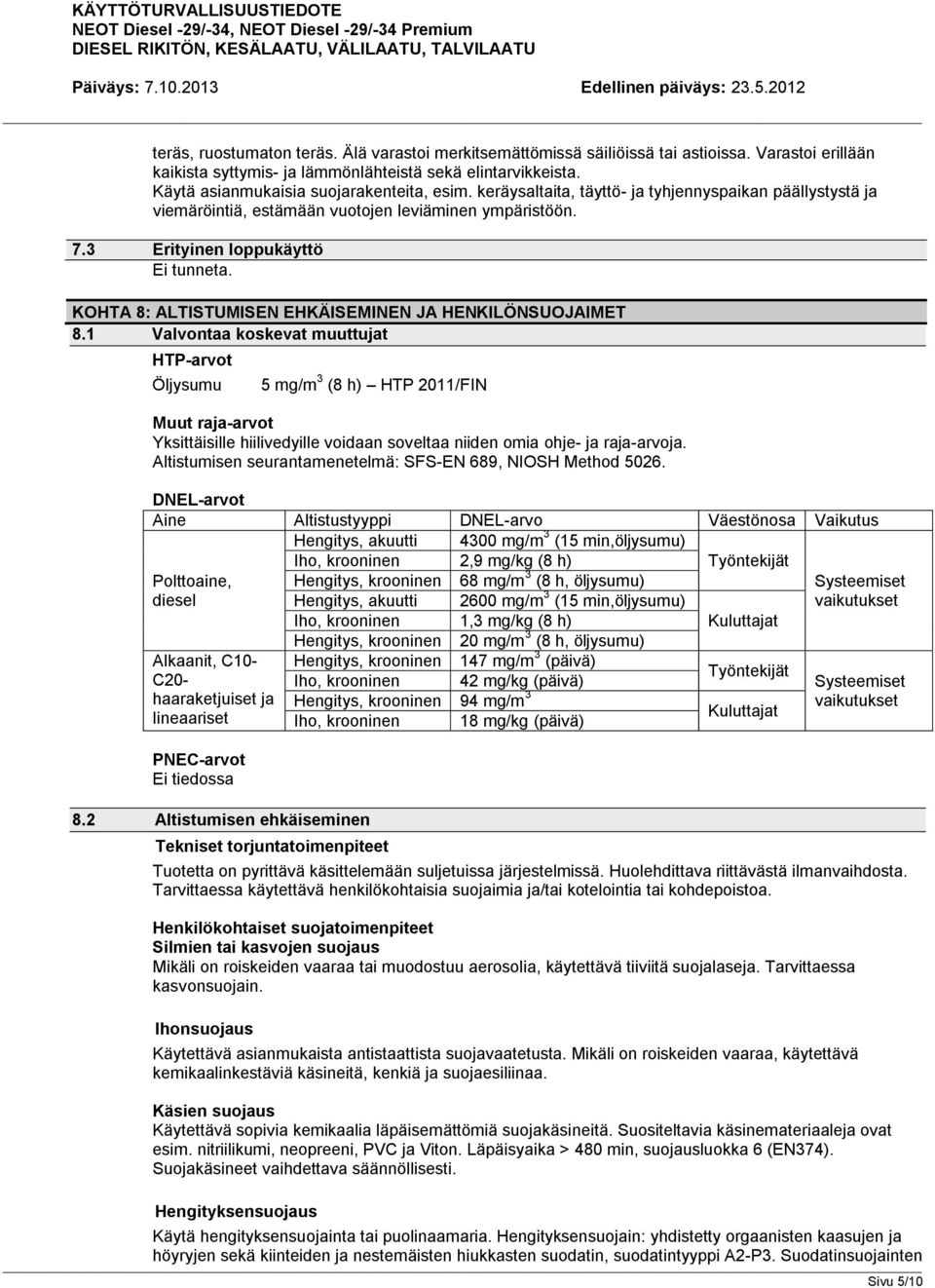 KOHTA 8: ALTISTUMISEN EHKÄISEMINEN JA HENKILÖNSUOJAIMET 8.