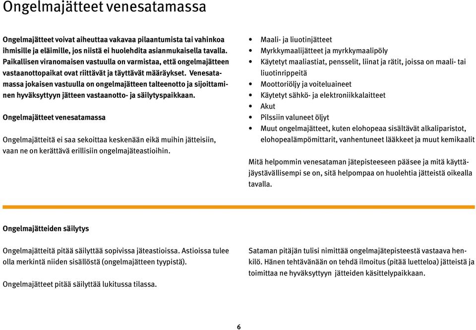 Venesatamassa jokaisen vastuulla on ongelmajätteen talteenotto ja sijoittaminen hyväksyttyyn jätteen vastaanotto- ja säilytyspaikkaan.