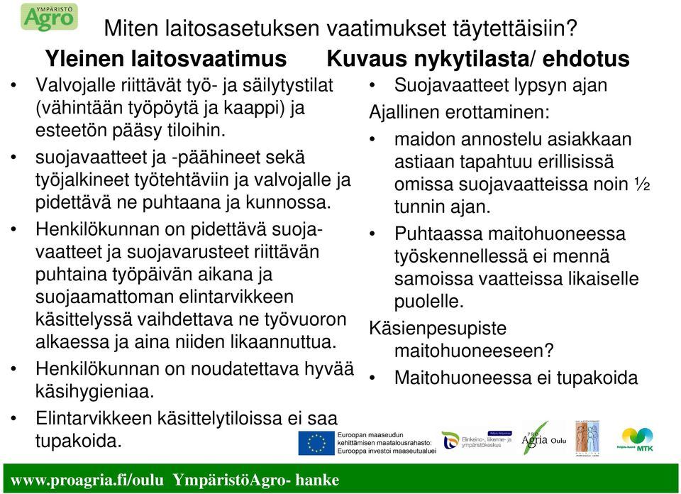 suojavaatteet ja -päähineet sekä työjalkineet työtehtäviin ja valvojalle ja pidettävä ne puhtaana ja kunnossa.