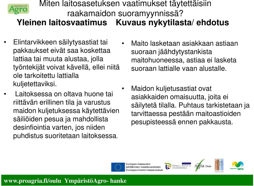 tarkoitettu lattialla kuljetettaviksi. Maito lasketaan asiakkaan astiaan suoraan jäähdytystankista maitohuoneessa, astiaa ei lasketa suoraan lattialle vaan alustalle.