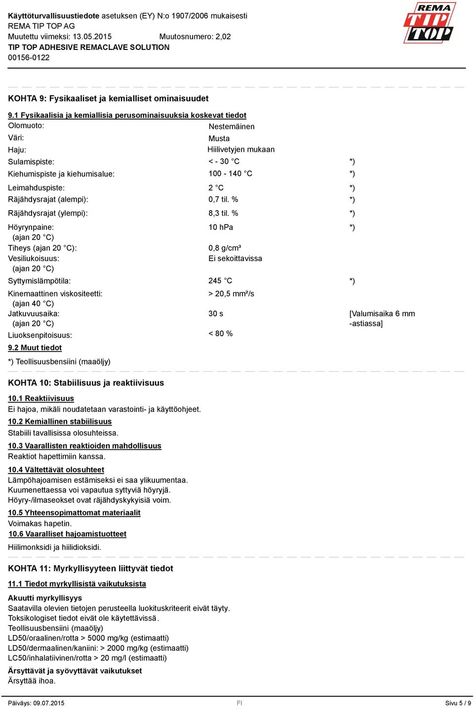 (alempi): Räjähdysrajat (ylempi): Höyrynpaine: (ajan 20 C) Tiheys (ajan 20 C): Vesiliukoisuus: (ajan 20 C) Syttymislämpötila: Kinemaattinen viskositeetti: (ajan 40 C) Jatkuvuusaika: (ajan 20 C)