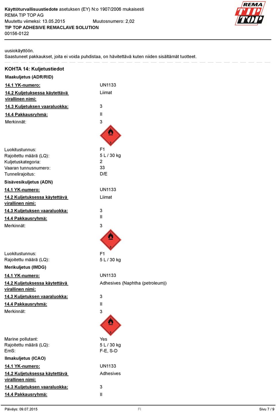 4 Pakkausryhmä: Merkinnät: Liimat II Luokitustunnus: F1 Rajoitettu määrä (LQ): 5 L / 0 kg Kuljetuskategoria: 2 Vaaran tunnusnumero: Tunnelirajoitus: D/E Sisävesikuljetus (ADN) 14.1 YK-numero: UN11 14.