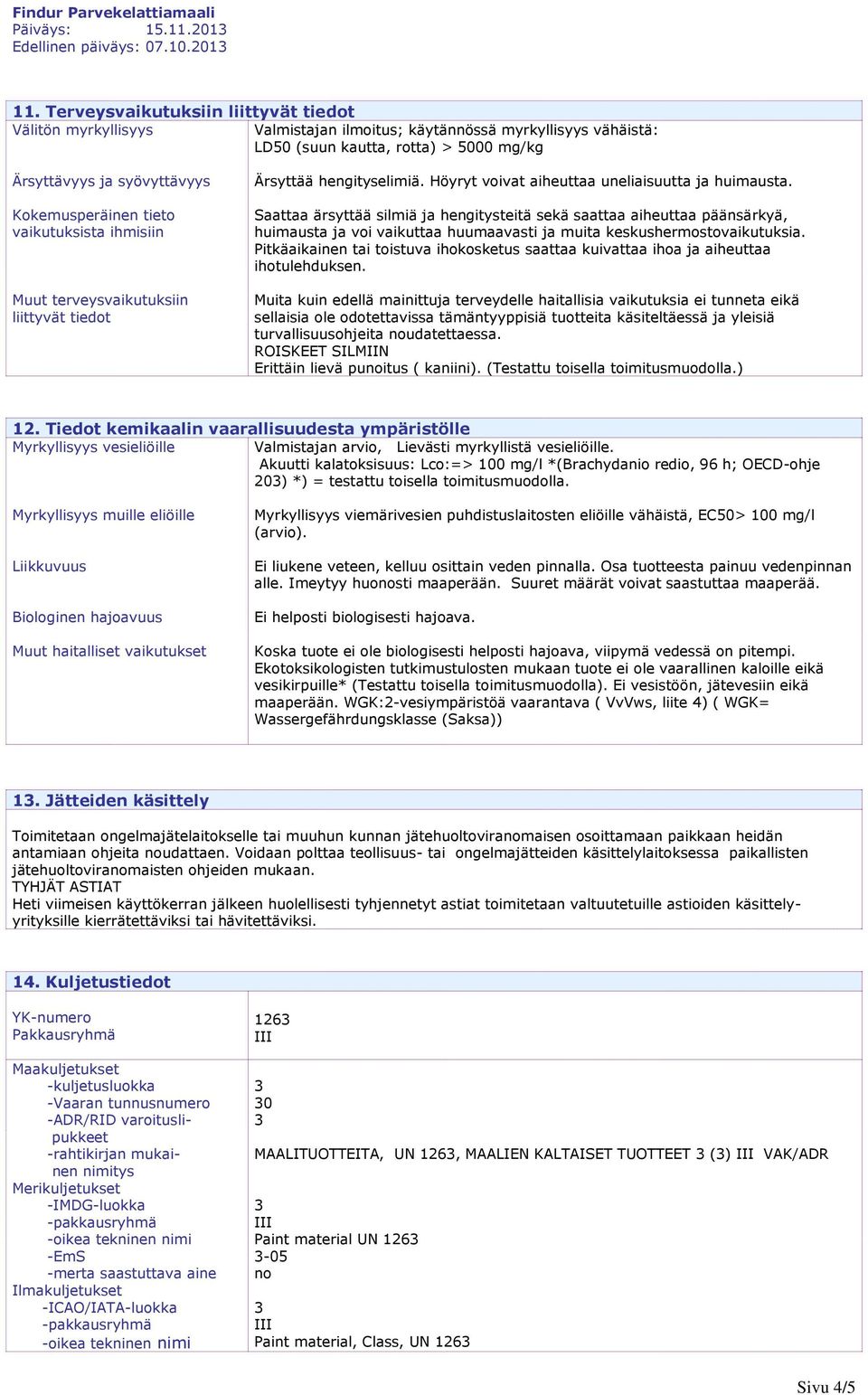 Saattaa ärsyttää silmiä ja hengitysteitä sekä saattaa aiheuttaa päänsärkyä, huimausta ja voi vaikuttaa huumaavasti ja muita keskushermostovaikutuksia.