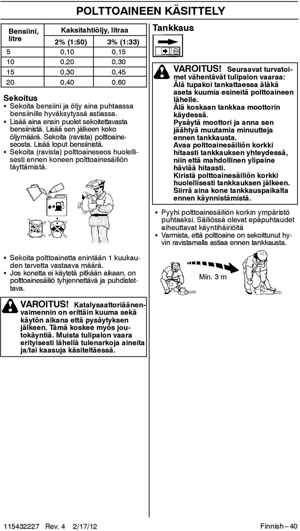 S Sekoita (ravista) polttoaineseos huolellisesti ennen koneen polttoainesäiliön täyttämistä. POLTTOAINEEN KÄSITTELY Tankkaus VAROITUS!