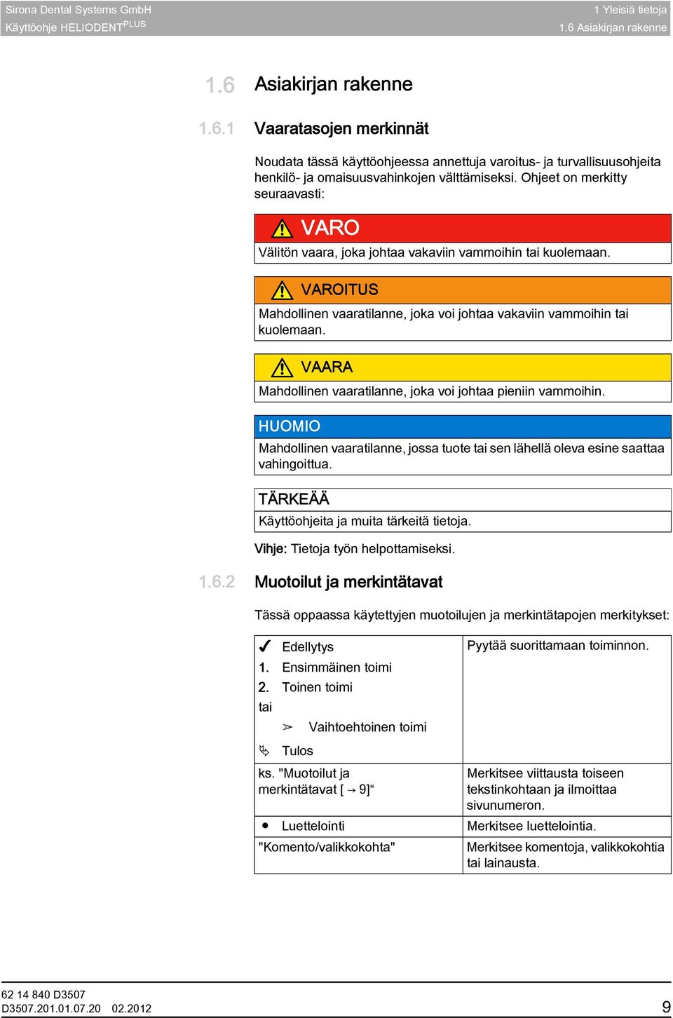 Ohjeet on merkitty seuraavasti: VARO Välitön vaara, joka johtaa vakaviin vammoihin tai kuolemaan. VAROITUS Mahdollinen vaaratilanne, joka voi johtaa vakaviin vammoihin tai kuolemaan.