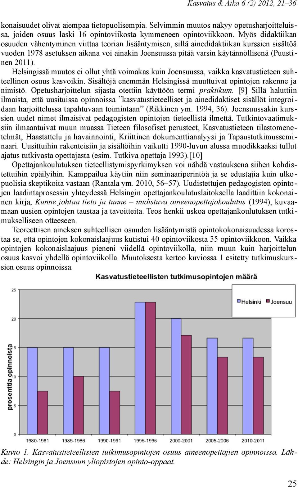 (Puustinen 2011). Helsingissä muutos ei ollut yhtä voimakas kuin Joensuussa, vaikka kasvatustieteen suhteellinen osuus kasvoikin. Sisältöjä enemmän Helsingissä muuttuivat opintojen rakenne ja nimistö.