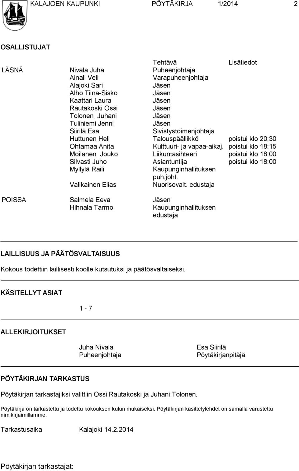 poistui klo 18:15 Moilanen Jouko Liikuntasihteeri poistui klo 18:00 Silvasti Juho Asiantuntija poistui klo 18:00 Myllylä Raili Kaupunginhallituksen puh.joht. Valikainen Elias Nuorisovalt.