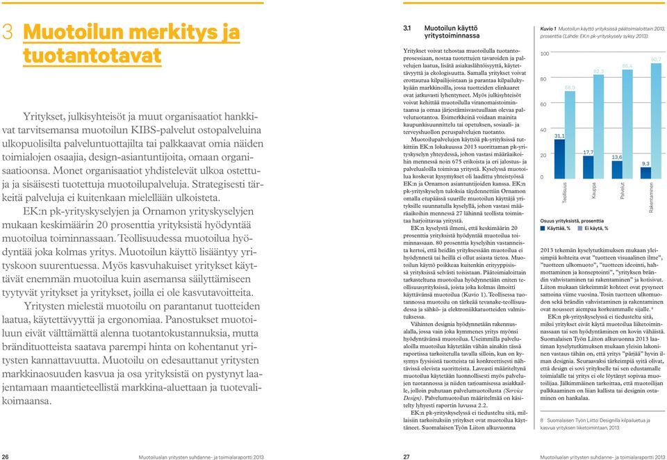 Strategisesti tärkeitä palveluja ei kuitenkaan mielellään ulkoisteta. EK:n pk-yrityskyselyjen ja Ornamon yrityskyselyjen mukaan keskimäärin 20 prosenttia yrityksistä hyödyntää muotoilua toiminnassaan.